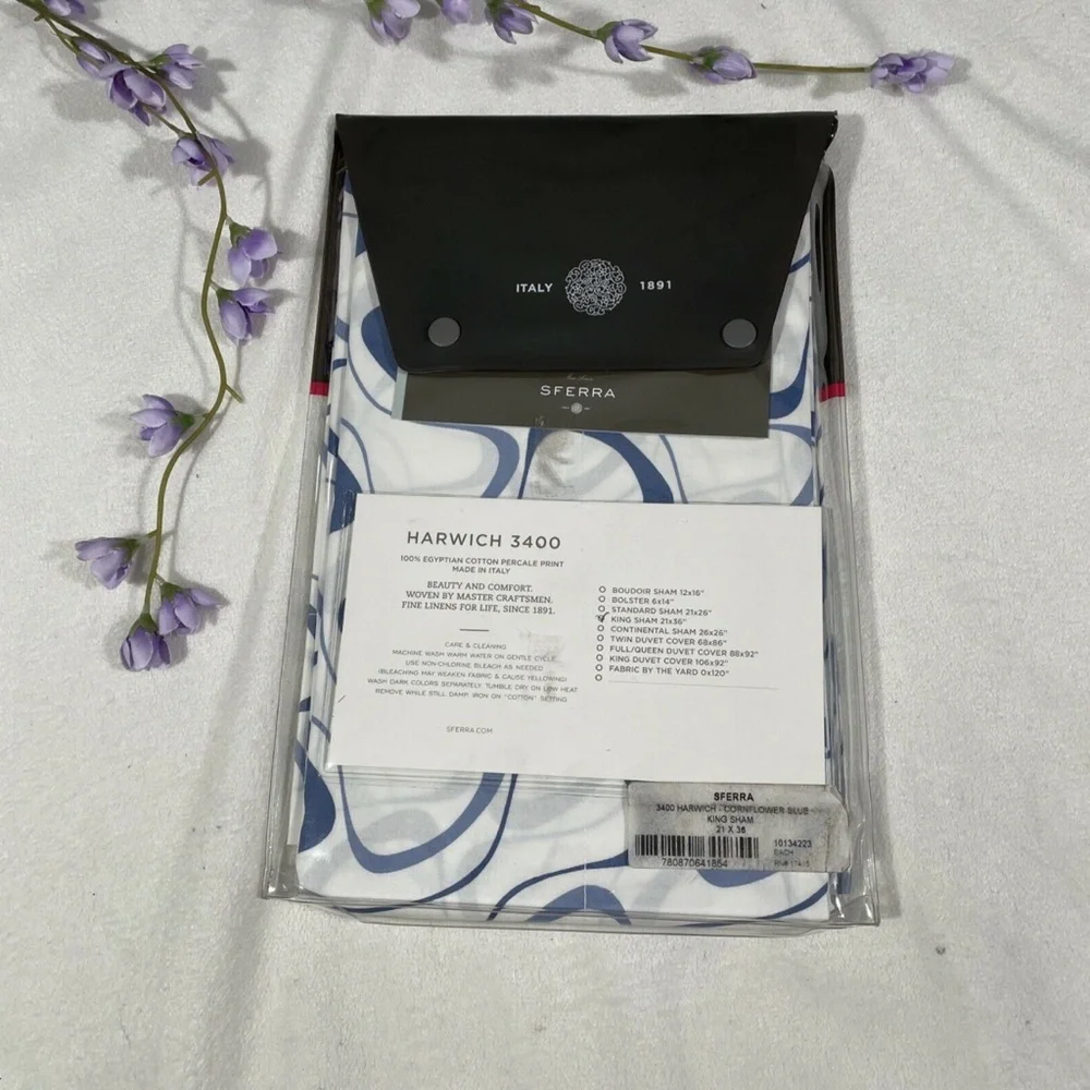 NIB Sferra Harwich [ 1‎ King ] Pillow Sham in White/Cornflower Blue
